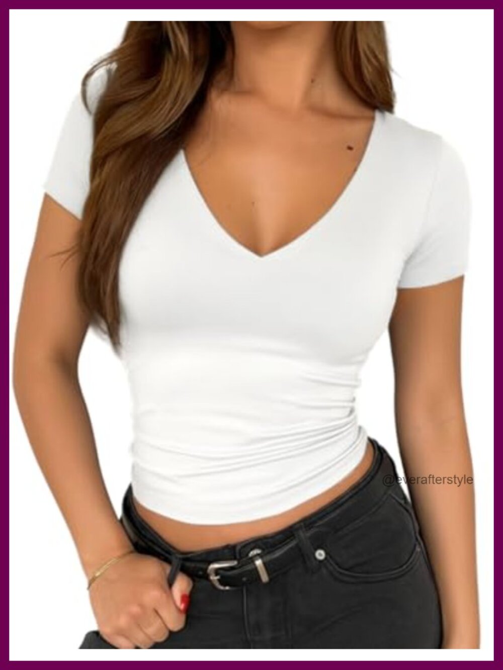 Womens V Neck Short Sleeve Double Lined Slim Fit Summer Basic Tee
